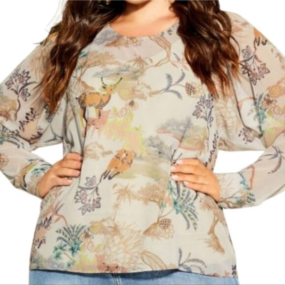 City Chic Shirt Woodlands Cream Animal Print Scoop Neck Long Sleeve Top XL NWT‎